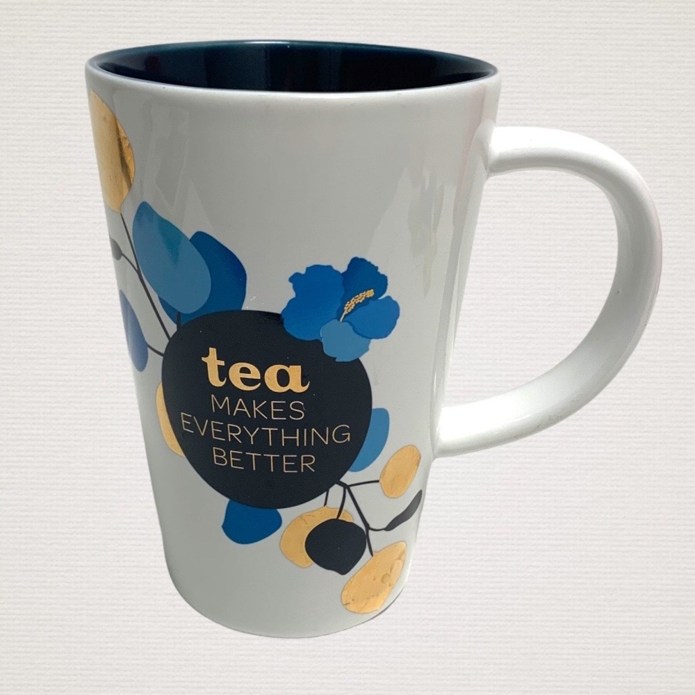 David’s Tea cup mug TEA makes everything better white blue navy floral